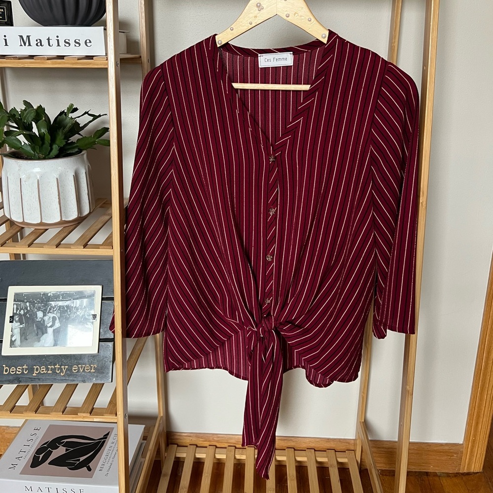 Burgundy Striped Front Tie Button Down Top
